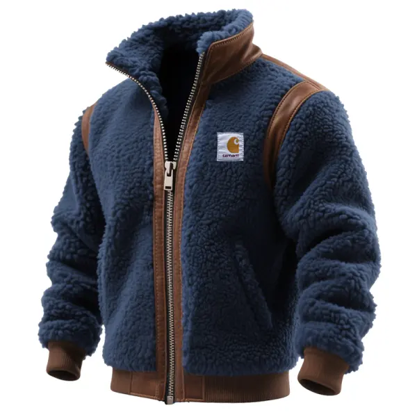Men's Vintage Teddy Fleece Jacket With Brown Suede Leather Trim Dark Blue - Wayrates.com 