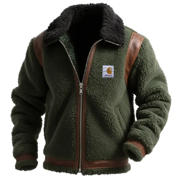 Men's Vintage Western Country Cowboys Sherpa Jacket With Brown Leather Suede Accents Dark Green - Wayrates.com 