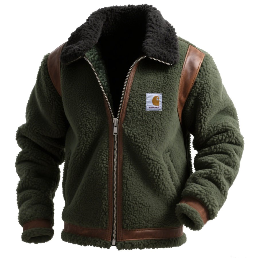 Men's Vintage Western Country Cowboys Sherpa Jacket With Brown Leather Suede Accents Dark Green