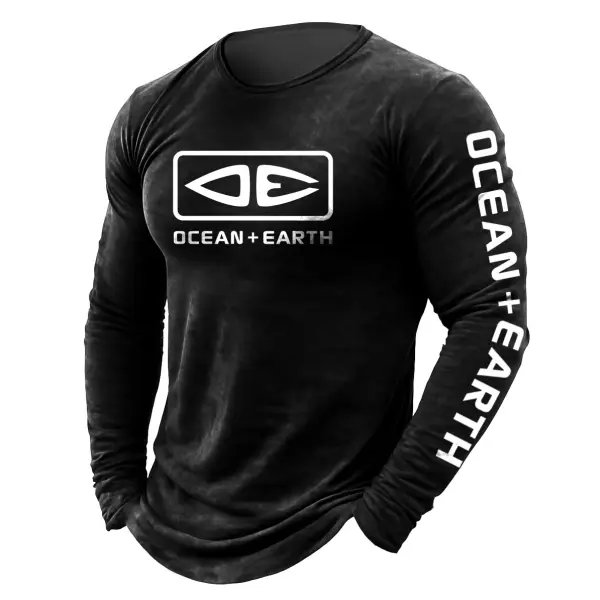 Men's Vintage Ocean Surfing Print Crewneck Long Sleeve T-Shirt - Wayrates.com 