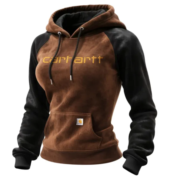 Outdoor Women's Casual Suede Contrast Color Stitching Raglan Sleeve Hooded Sweatshirt Retro Western Sweatshirt - Wayrates.com 