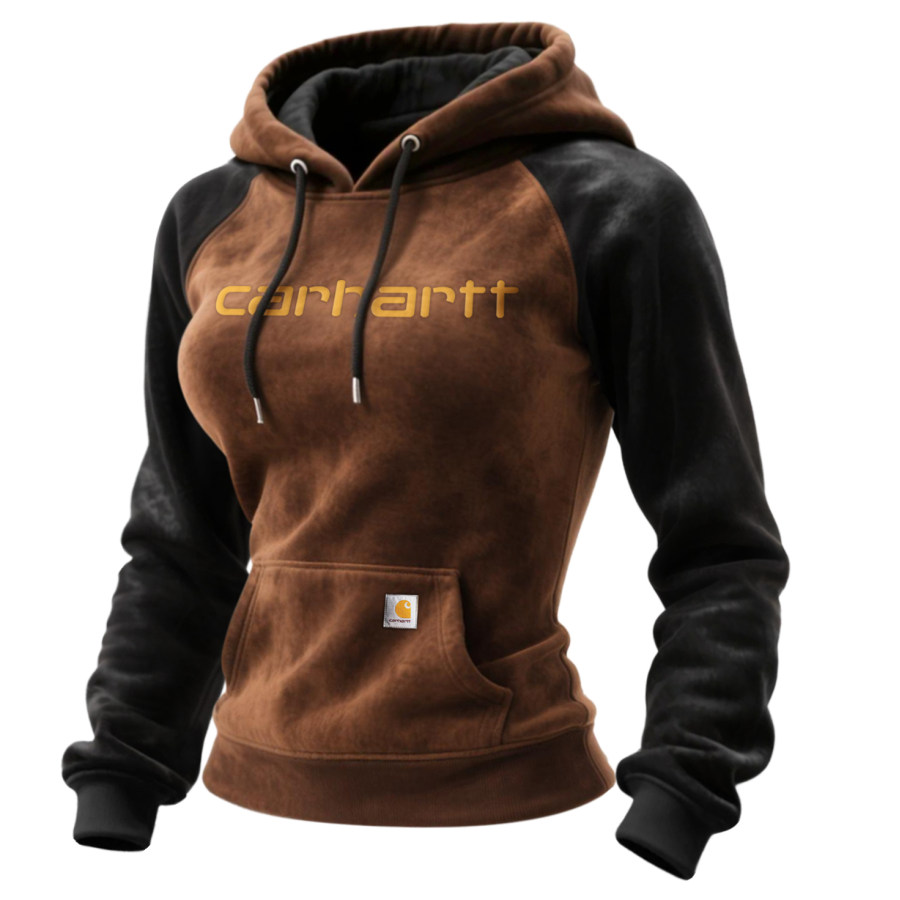 Outdoor Women's Casual Suede Contrast Color Stitching Raglan Sleeve Hooded Sweatshirt Retro Western Sweatshirt