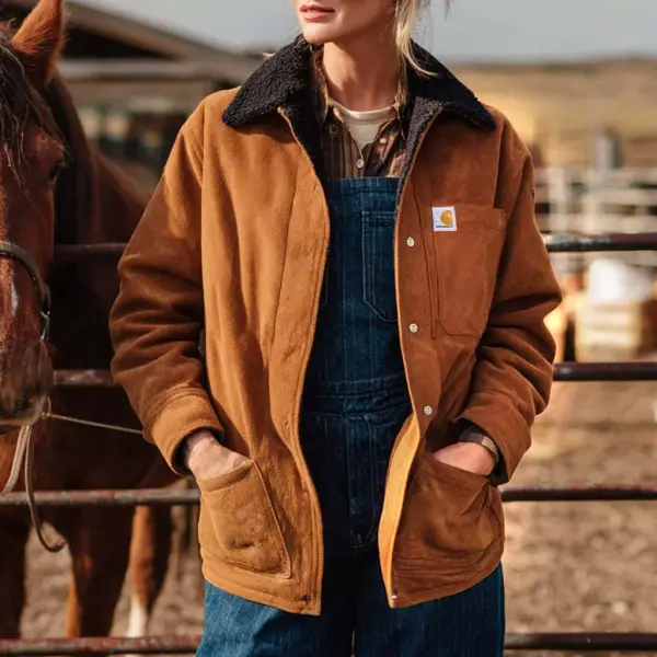 Women's Vintage Western Cowboy Brown Suede Multi-Pocket Fleece Fur Lapel Sherpa Lining Jacket - Wayrates.com 
