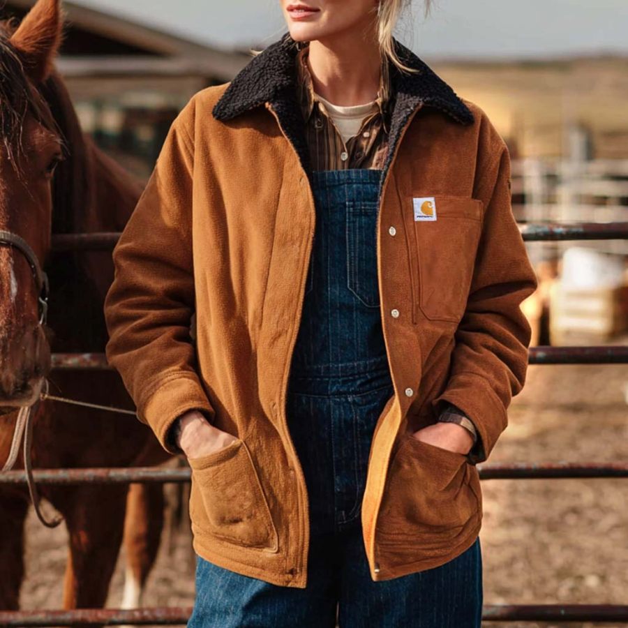 Women's Vintage Western Cowboy Brown Suede Multi-Pocket Fleece Fur Lapel Sherpa Lining Jacket