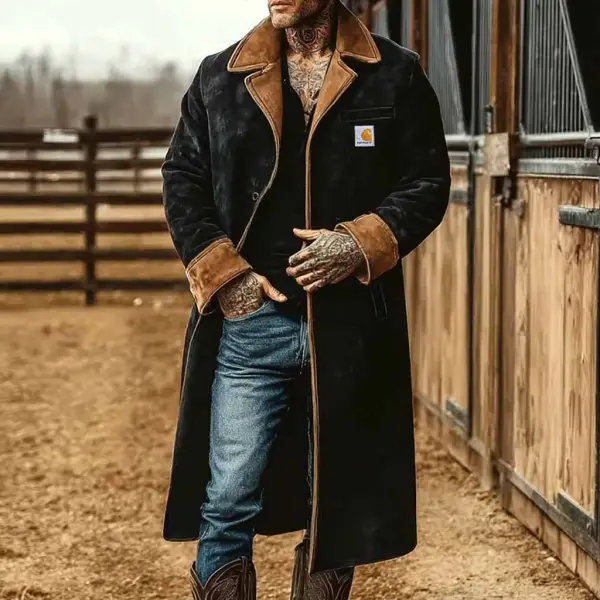 Men's Vintage Western Cowboy Black Suede Long Brown Lapel Jacket Coat - Wayrates.com 