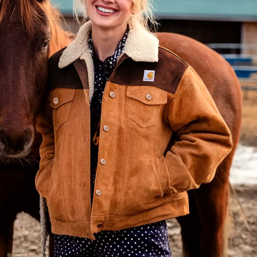 Women's Vintage Western Cowboy Warm Brown Suede Color Block Contrast Fleece Fur Collar Jacket