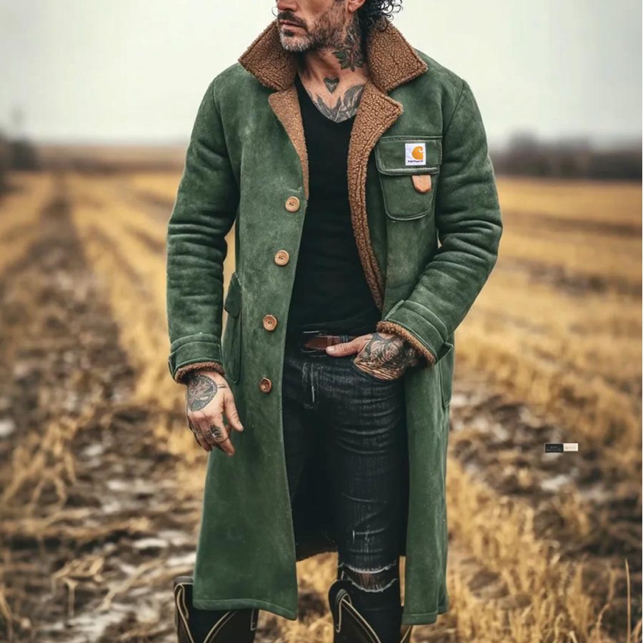 Men's Vintage Western Cowboy Suede Army Green Long Lapel Shearling Jacket Coat