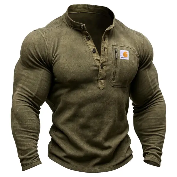 Men's Vintage Western Cowboy Military Green Suede Chest Pocket Henley Long Sleeve T-Shirt - Wayrates.com 