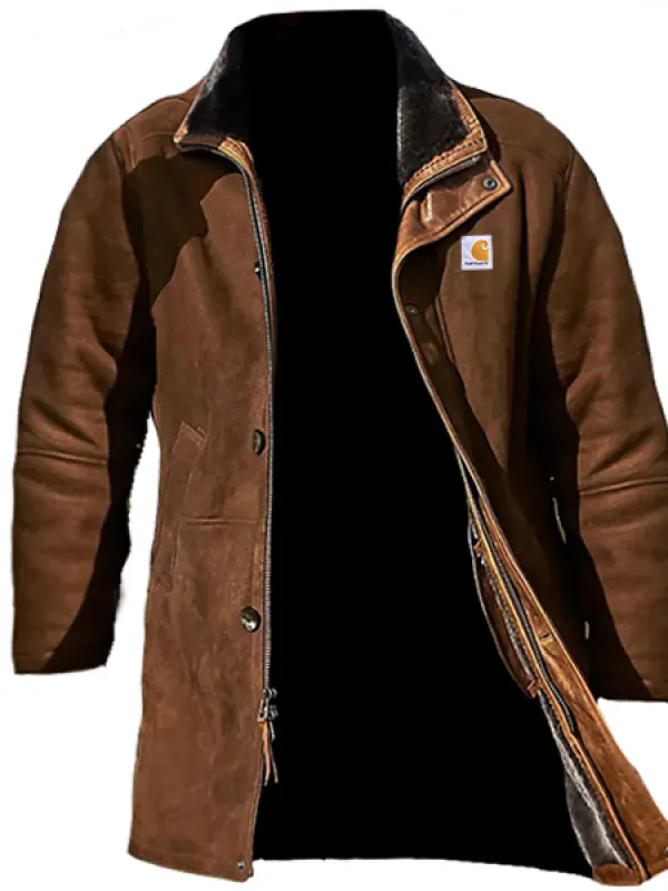 Carhartt Men's Vintage Western Cowboy Suede Mid-Length Faux Fur Lining Jacket - Menbarn.com 