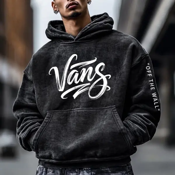 Men's Vintage Off The Wall Print Washed Distressed Pocket Long Sleeve Black Hoodie - Wayrates.com 