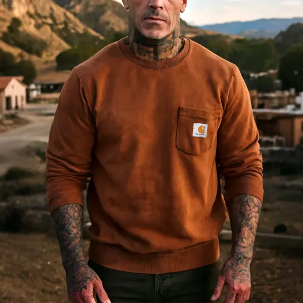 Men's Vintage Brown Crew Neck Sweatshirt With Chest Pocket - Wayrates.com 