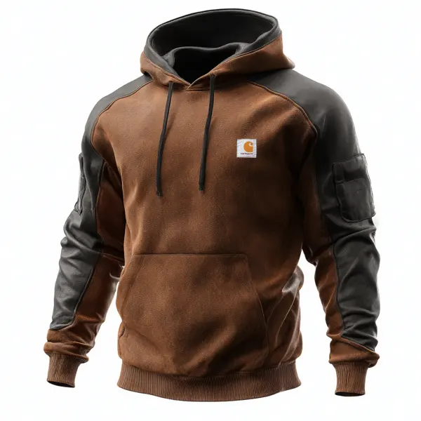 Men's Vintage Brown Suede And Black Hooded Sweatshirt With Leather Sleeves - Wayrates.com 