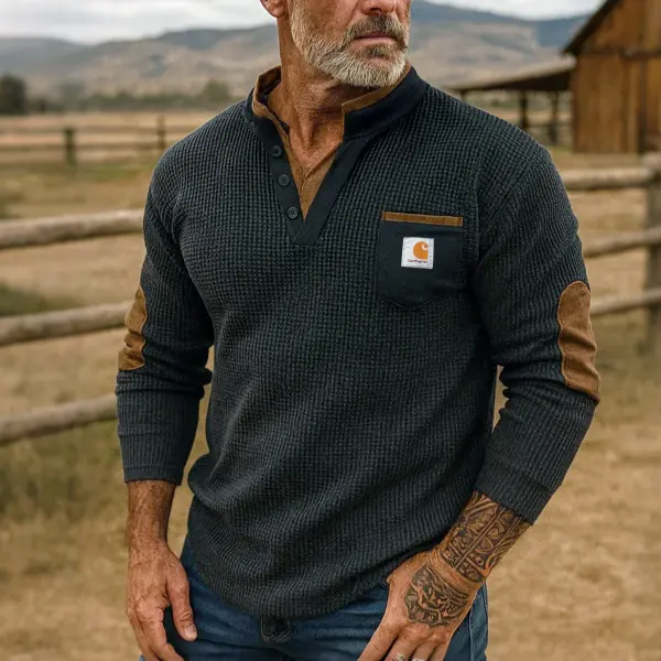 Men's Vintage Thermal Henley Sweatshirt In Dark Gray - Wayrates.com 