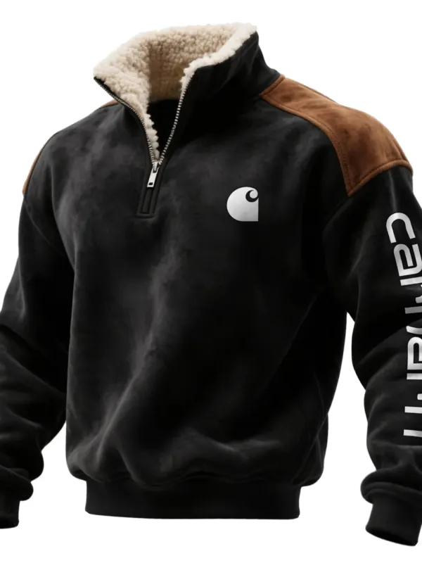 Carhartt Men's Retro Western Suede Contrast 1/4 Zip Stand Collar Sweatshirt - Wantbright.com 