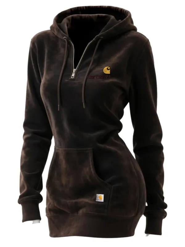 Carhartt Women's Retro Western Contrast Panel Suede Long Hooded Sweatshirt - Menwyx.com 