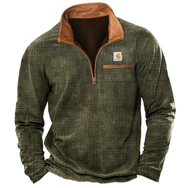 Men's Vintage Western Cowboy Army Green Waffle Knit Leather Quarter Zip Stand Collar Long Sleeve T-Shirt - Wayrates.com 