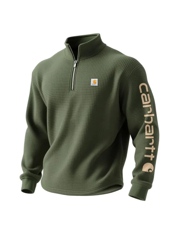 Outdoor Retro Waffle Half Zip Stand Collar Long Sleeve Sweatshirt - Aptkoi.com 