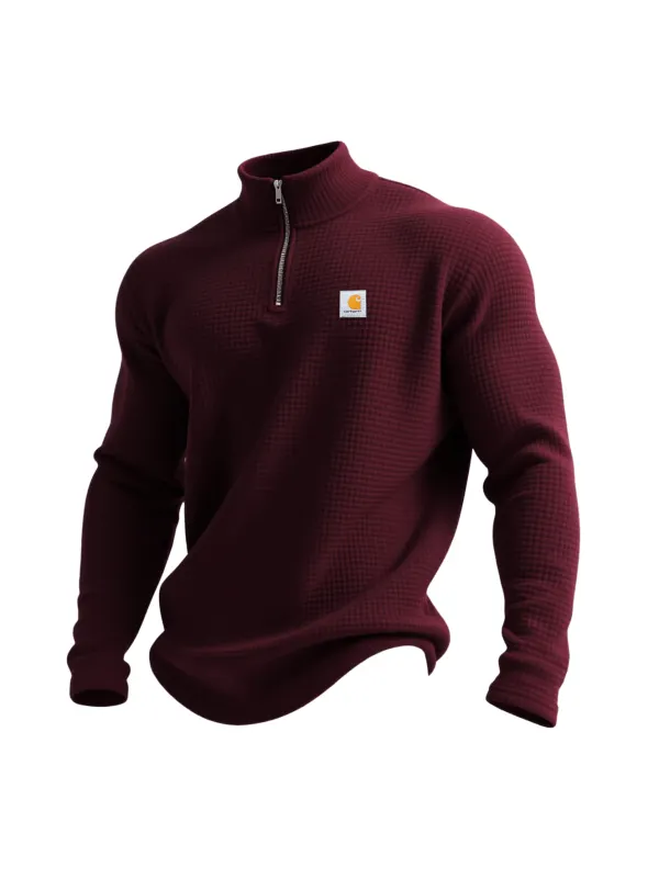 Outdoor Retro Waffle Half Zip Stand Collar Long Sleeve Sweatshirt - Aptkoi.com 