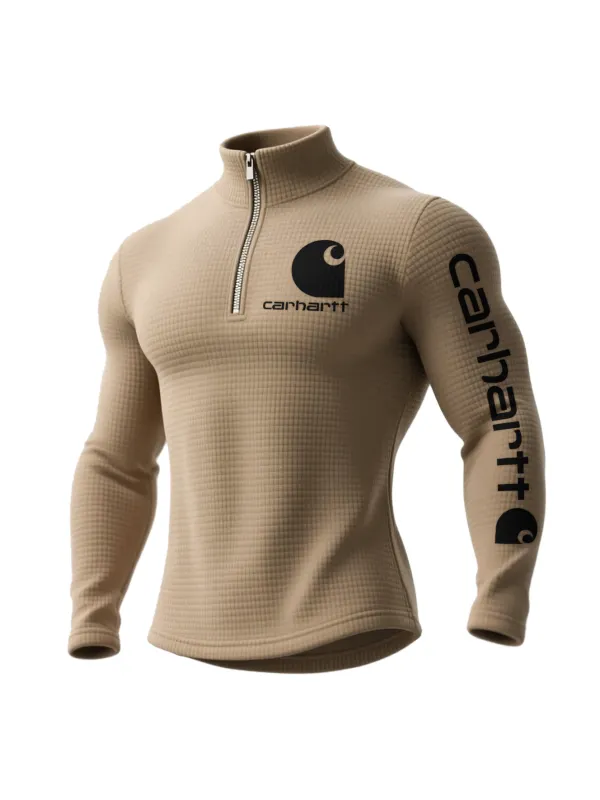 Outdoor Retro Waffle Half Zip Stand Collar Long Sleeve Sweatshirt - Aptkoi.com 