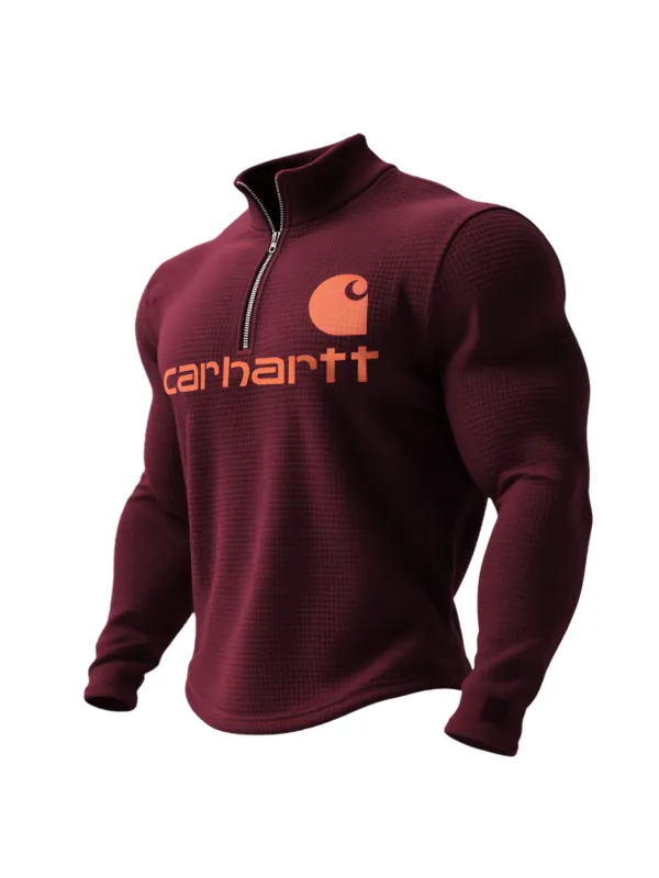 Outdoor Retro Waffle Half Zip Stand Collar Long Sleeve Sweatshirt - Aptkoi.com 