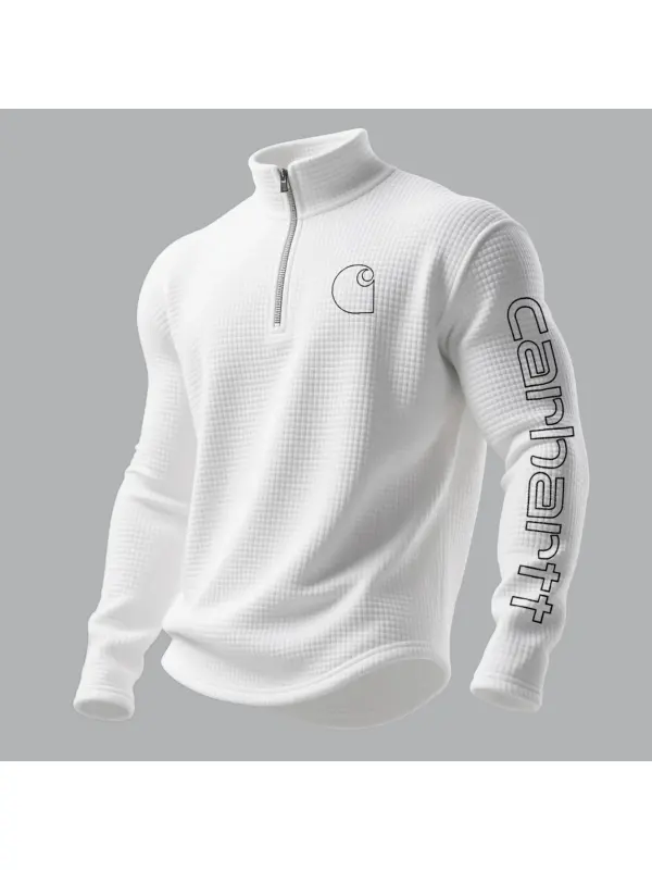 Outdoor Retro Waffle Half Zip Stand Collar Long Sleeve Sweatshirt - Aptkoi.com 