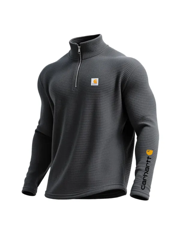 Outdoor Retro Waffle Half Zip Stand Collar Long Sleeve Sweatshirt - Aptkoi.com 