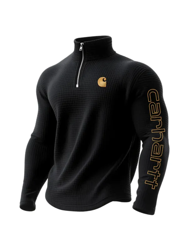 Outdoor Retro Waffle Half Zip Stand Collar Long Sleeve Sweatshirt - Aptkoi.com 