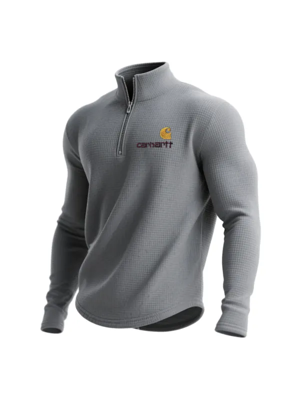 Outdoor Retro Waffle Half Zip Stand Collar Long Sleeve Sweatshirt - Aptkoi.com 