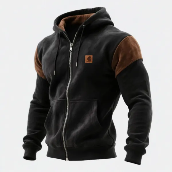 Outdoor Carhartt Men's Casual Suede Contrast Color Stitching Hooded Sweatshirt Retro Western Zipper Cardigan Jacket - Wayrates.com 