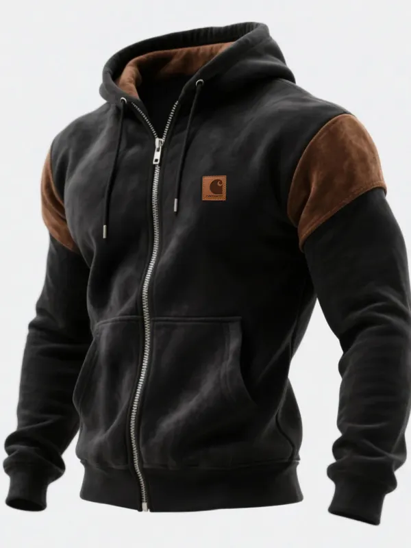 Outdoor Men's Casual Suede Contrast Color Stitching Hooded Sweatshirt Retro Western Zipper Cardigan Jacket - Simplyion.com 