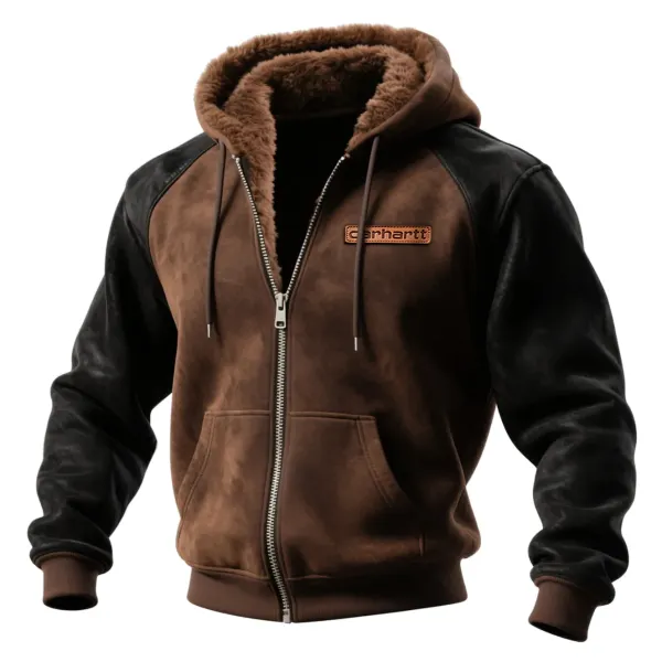 Outdoor Carhartt Men's Casual Fur Collar Hooded Contrast Color Raglan Sleeve Sweatshirt Retro Zipper Cardigan Suede Jacket - Wayrates.com 
