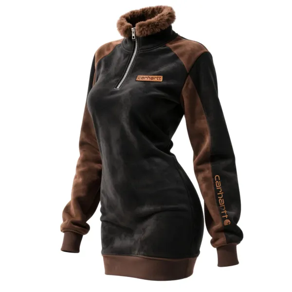 Women's Retro Western Suede 1/4 Zipper Fur Collar Stand Collar Long Dress Sweatshirt - Wayrates.com 