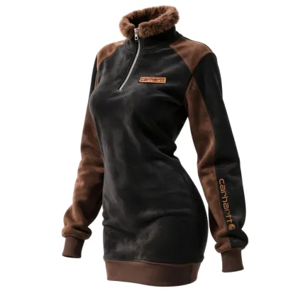 Women's Retro Western Suede 1/4 Zipper Fur Collar Stand Collar Long Dress Sweatshirt