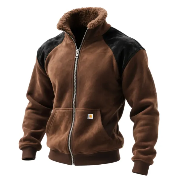 Outdoor Men's Casual Fur Collar Stand Collar Contrast Color Raglan Sleeve Sweatshirt Retro Zipper Cardigan Suede Jacket - Wayrates.com 