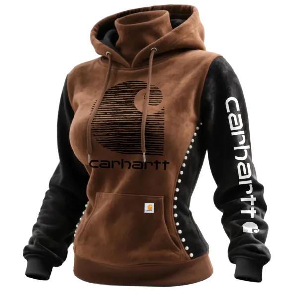 Women's Retro Western Suede Hooded Sweatshirt Turtleneck Contrast Color Stitching Beaded Sweatshirt - Wayrates.com 
