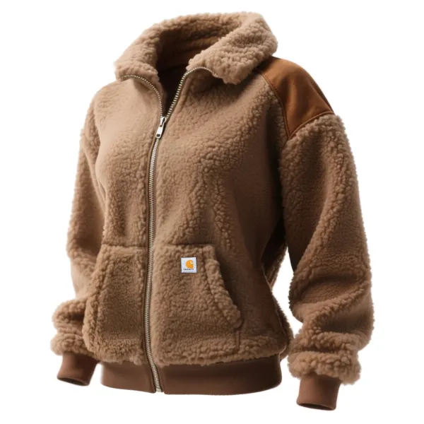 Retro Western Women's Wool Contrast Color Stitching Zipper Lapel Cardigan Sweatshirt Jacket - Wayrates.com 