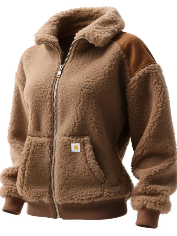 Carhartt Women's Retro Western Wool Stitching Zipper Lapel Cardigan Jacket - Wantbright.com 