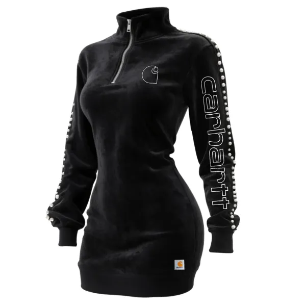 Women's Retro Western Suede Long 1/4 Zipper Stand Collar Sweater Dress Beaded Sports Long Sleeve Dress - Wayrates.com 