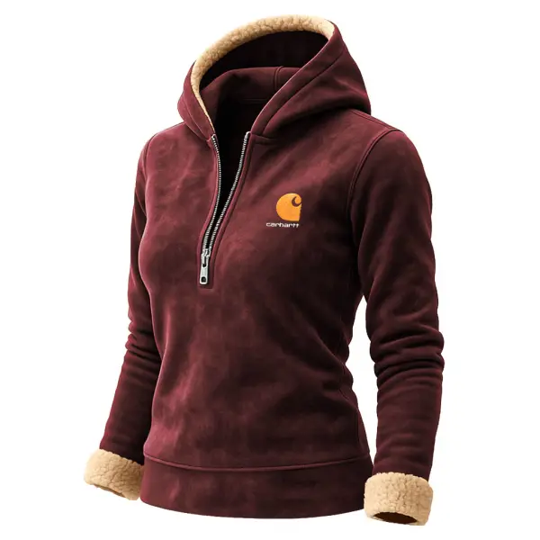 Women's Vintage Embroidered Suede Burgundy Half-Zip Lambswool Hoodie - Wayrates.com 