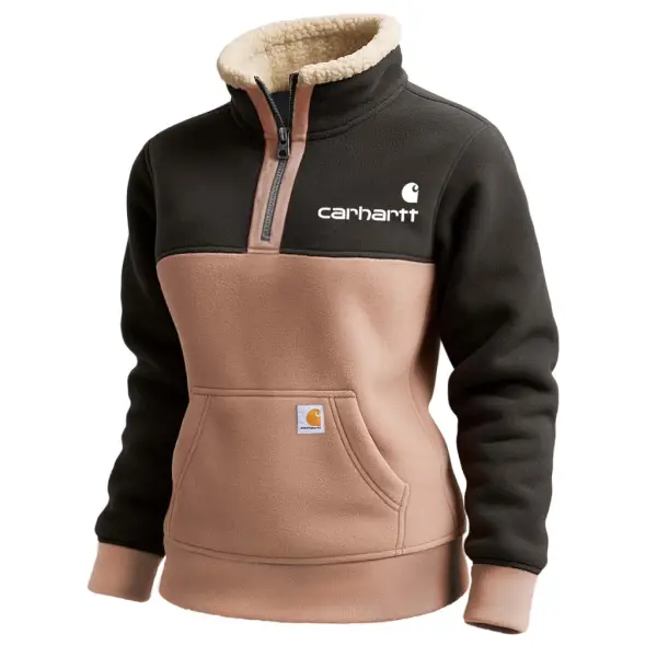 Women's Vintage Suede Pink And Gray Sherpa Lining Quarter Zip Stand Collar Sweatshirt - Wayrates.com 