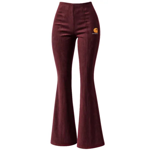 Women's Vintage Embroidered Suede Burgundy High-Waisted Flared Pants Trousers - Cotosen.chimpone.com 