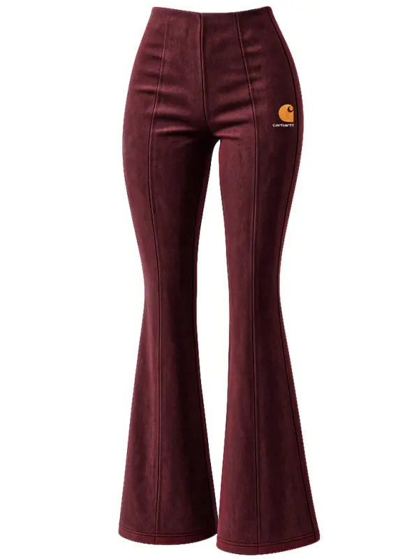 Women's Vintage Embroidered Suede Burgundy High-Waisted Flared Pants Trousers - Wantbright.com 