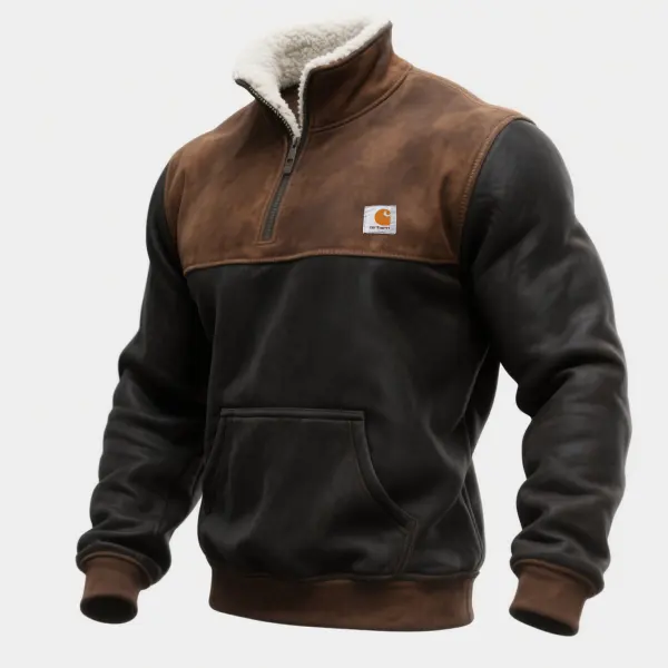 Men's Vintage Brown And Black Fleece-Lined Sweatshirt With Half-Zip - Wayrates.com 