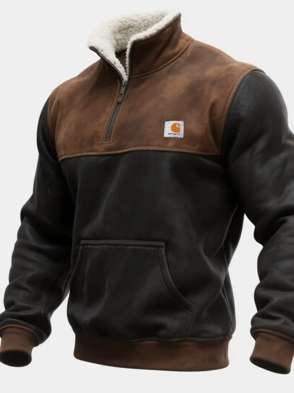 Carhartt Men's Vintage Brown And Black Fleece-Lined Half-Zip Collar Sweatshirt - Wantbright.com 