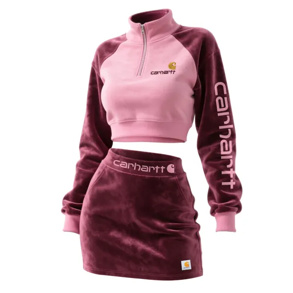 Women's Retro Western Suede Contrast Color Stitching Raglan Sleeve 1/4 Zipper Stand Collar Sweatshirt + Short Skirt Set - Wayrates.com 