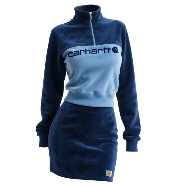 Women's Retro Western Suede Contrast Color Stitching 1/4 Zipper Stand Collar Sweatshirt + Short Skirt Set - Wayrates.com 