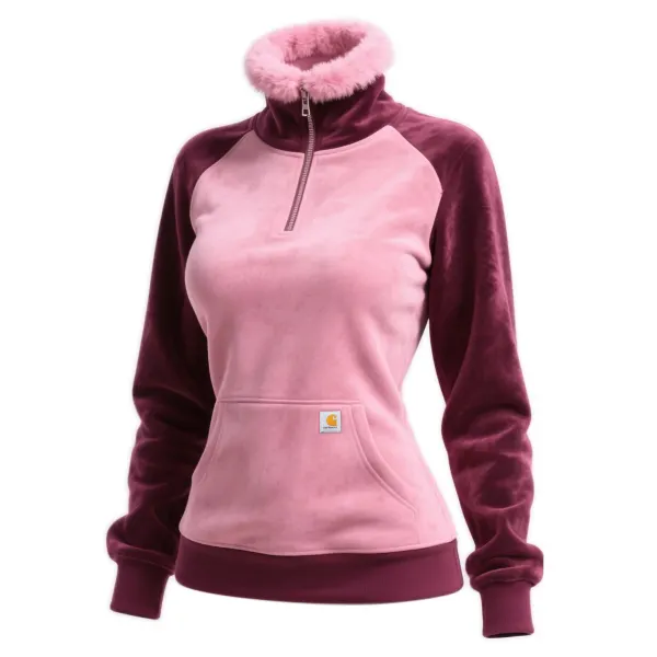 Women's Retro Western Style Contrast Color Fur Collar Stand Collar Sweatshirt - Wayrates.com 
