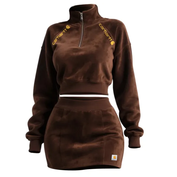 Women's Retro Western Suede Raglan Sleeve 1/4 Zipper Stand Collar Sweatshirt + Short Skirt Set - Wayrates.com 