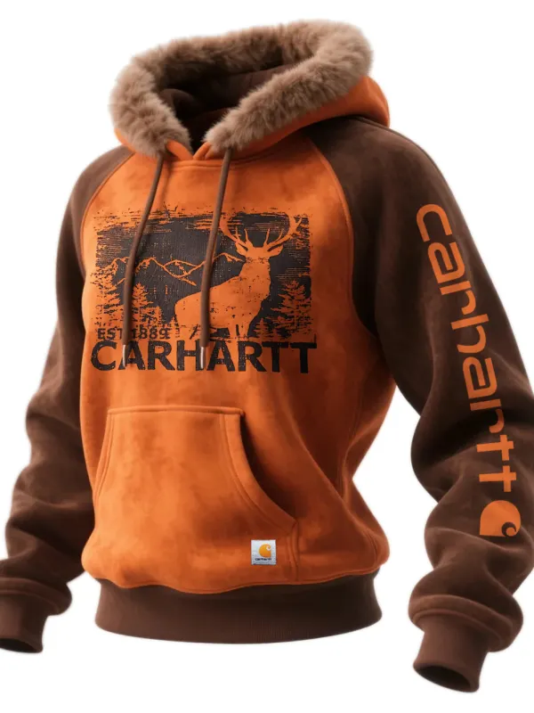Western Style Women's Suede Contrast Color Stitching Hooded Sweatshirt Fur Collar Hooded Sweatshirt - Wantbright.com 