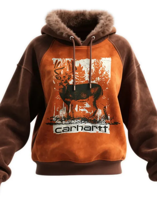 Western Style Women's Suede Contrast Color Stitching Hooded Sweatshirt Fur Collar Hooded Sweatshirt - Wantbright.com 